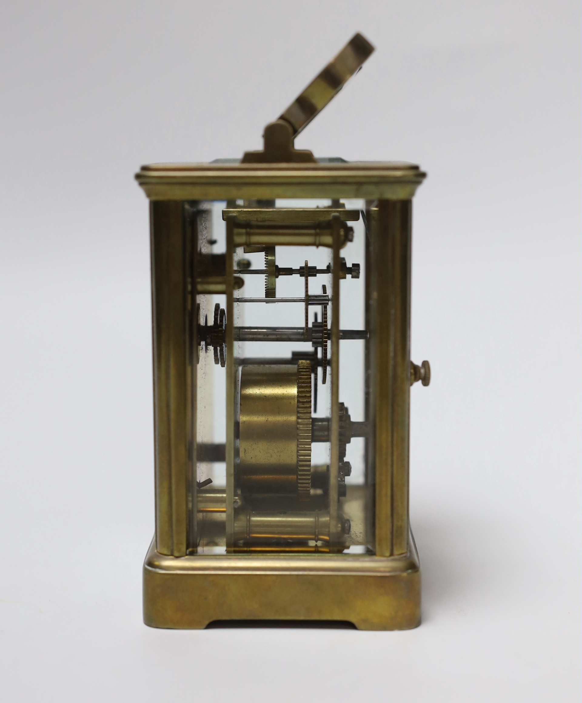 A French carriage timepiece with enamel dial, 15cm high